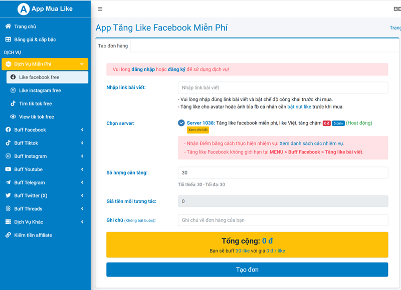 App.mualike.net - Tăng Like miễn phí