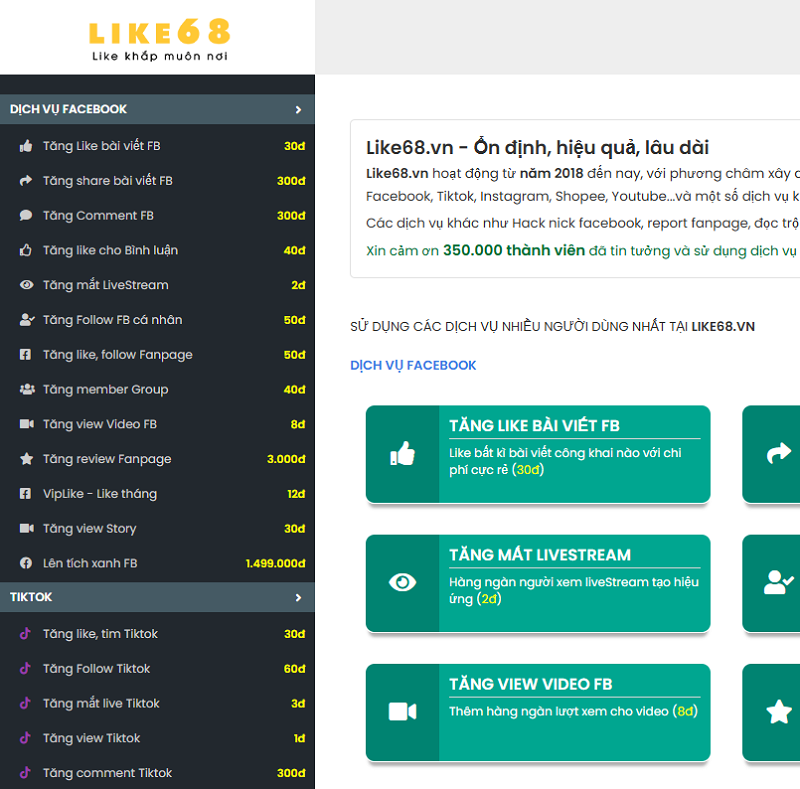 Like68.vn - Hệ thống tăng like free nhiều nền tảng