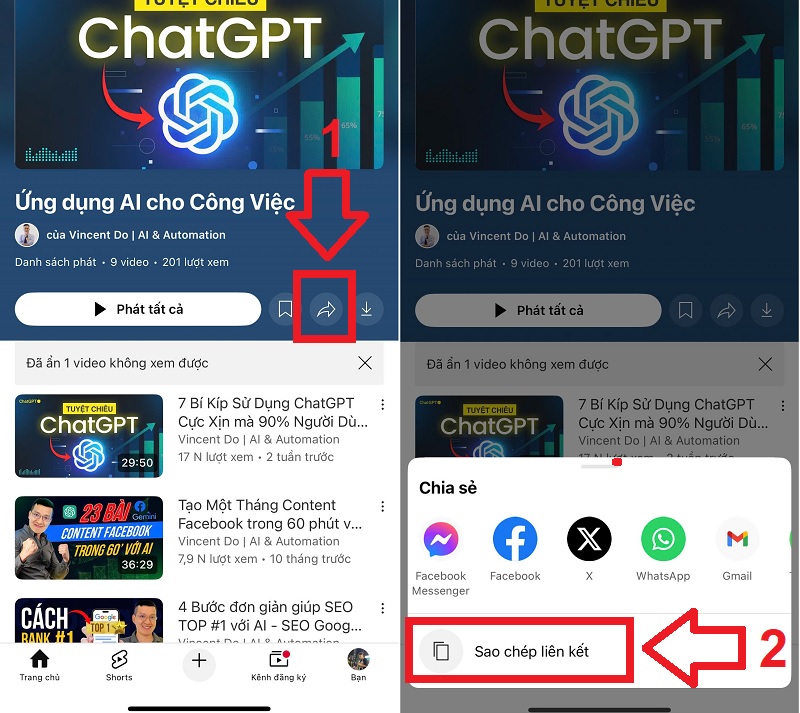 Cách lấy link paylist youtube trên điện thoại