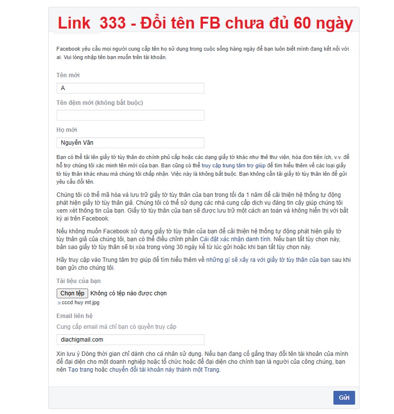 Link 333 - Link đổi tên Facebook khi chưa đủ 60 ngày