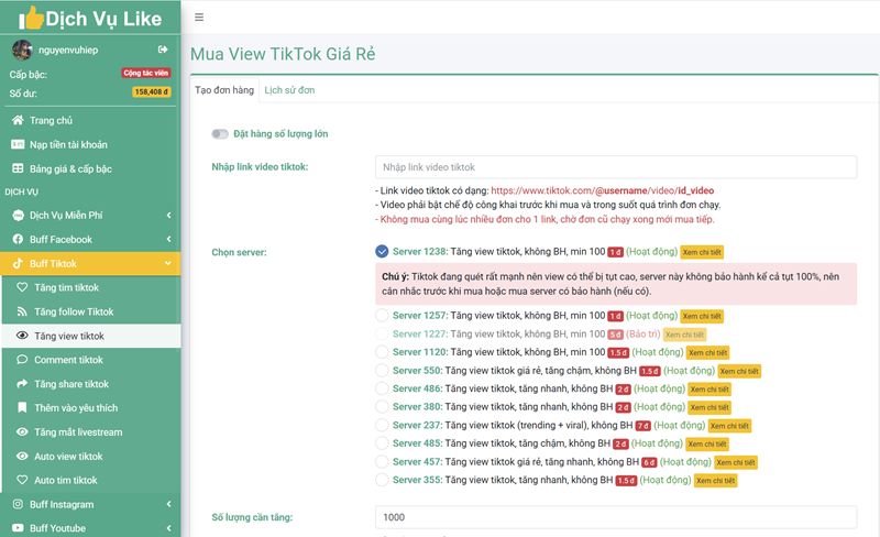 Dịch vụ tăng view Tiktok uy tín tại website Dichvulike.com